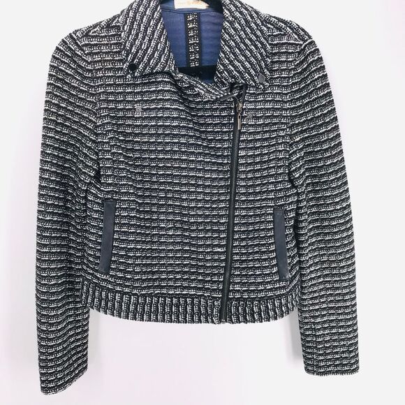 Tory Burch Tweed Moto Jacket Black Knit Zip Front Leather Trim Small Old Money - Picture 4 of 11